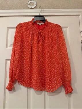 LOFT Bright Orange Floral Tie-Neck Ruffle Blouse